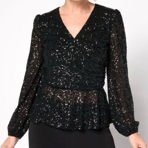 Susan Graver Occasions Black Sequin Faux Wrap Top A672467